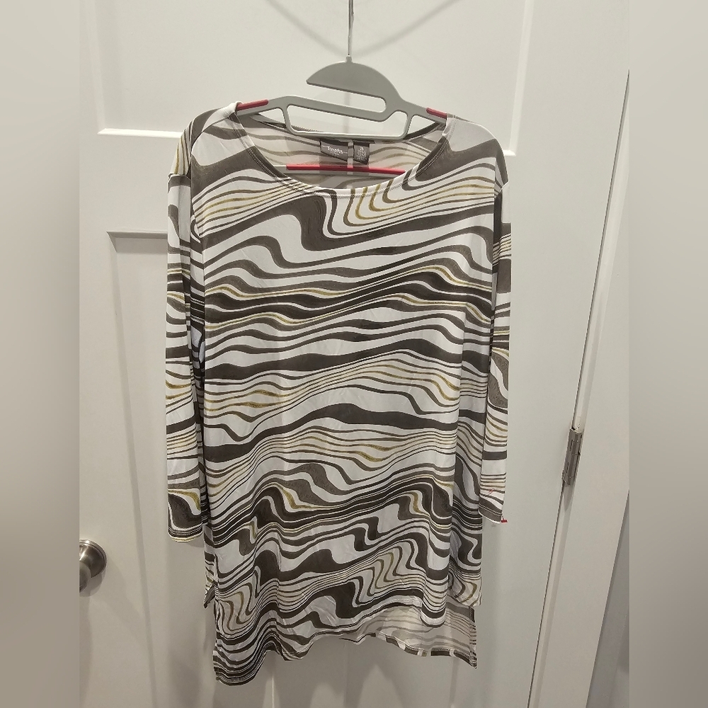 Chico’s Travelers Collection 3 (L) Abstract Swirl Tunic Top White Gray Olive